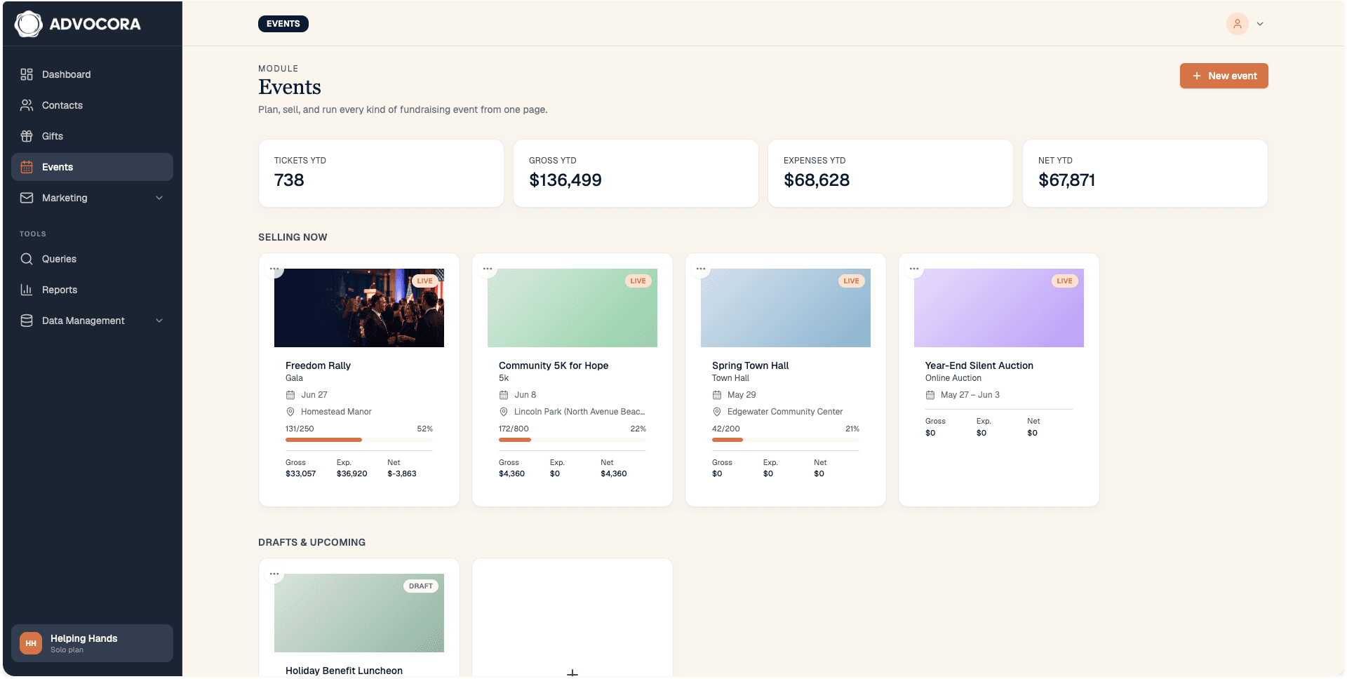 Freedom Rally event in Advocora — ticketing tab with Stripe Connect and tier setup