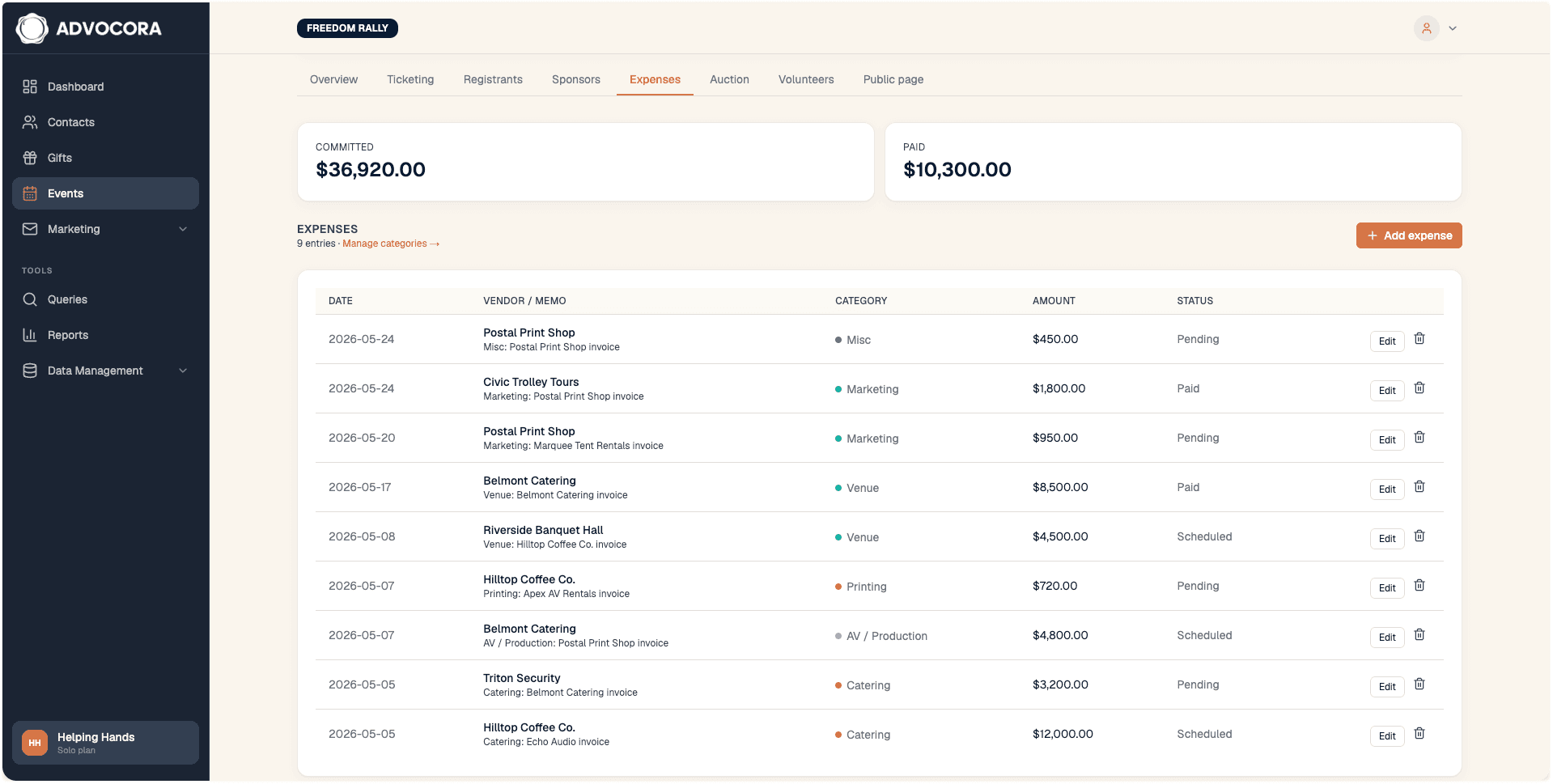 Expense tracking with committed and paid totals and categorized line items