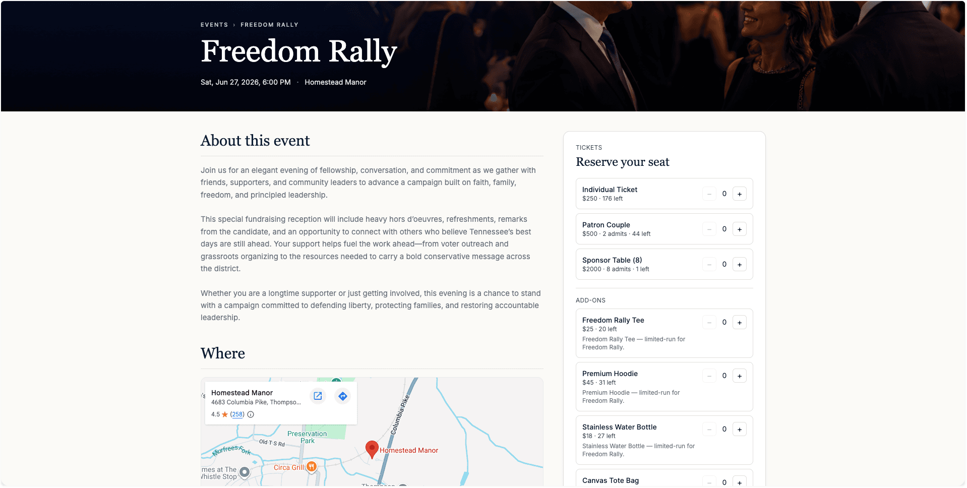 Public Freedom Rally registration page with ticket selector and add-ons