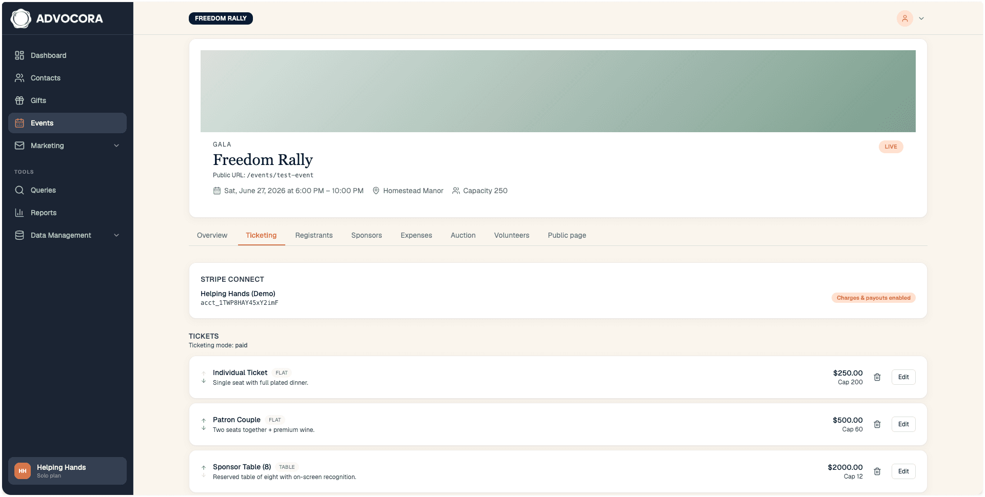 Ticketing setup with Stripe Connect status and tiered tickets