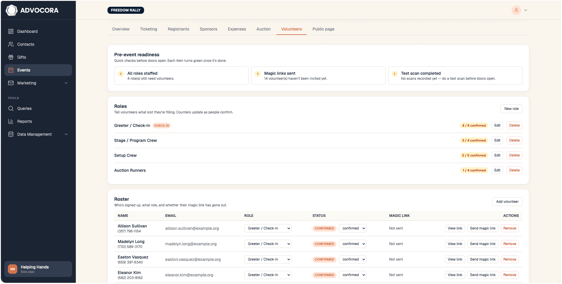 Volunteer roles, pre-event readiness, and roster